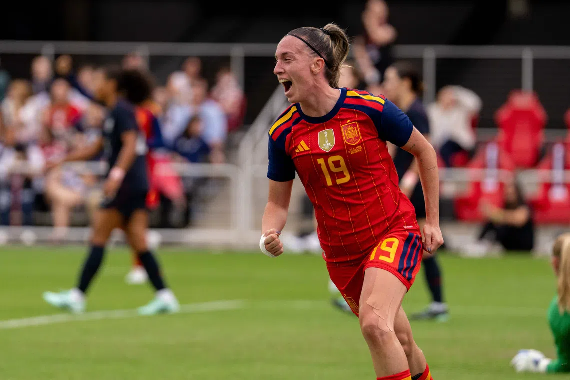 Oct 10, 2026; Washington, District of Columbia, USA;  Spain forward Eva Navarro (19) celebrates a goal in the first half against the United States at Audi Field.  Mandatory Credit: Jamie LeBlanc-Imagn Images