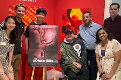 Television star Melissa Ng (left) with the cast of The Damned Ones – actors Dave, Jackie, Sheldon, Himanshu and Michael – along with director Reena Deen.