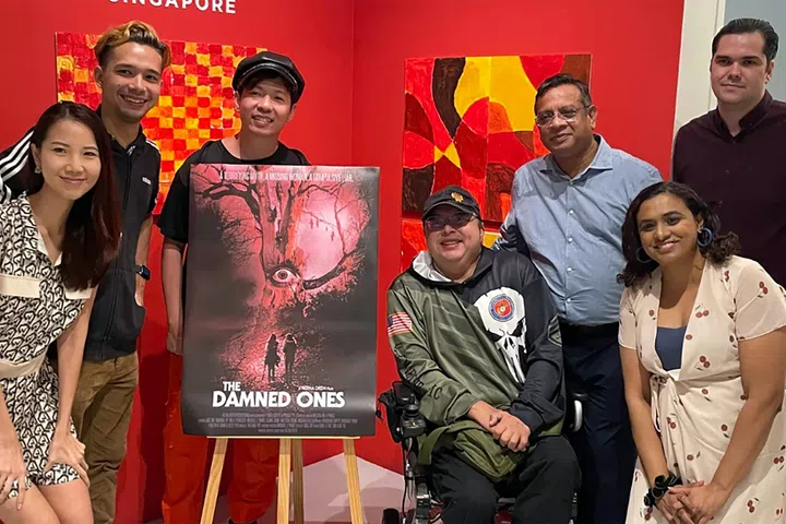 Television star Melissa Ng (left) with the cast of The Damned Ones – actors Dave, Jackie, Sheldon, Himanshu and Michael – along with director Reena Deen.