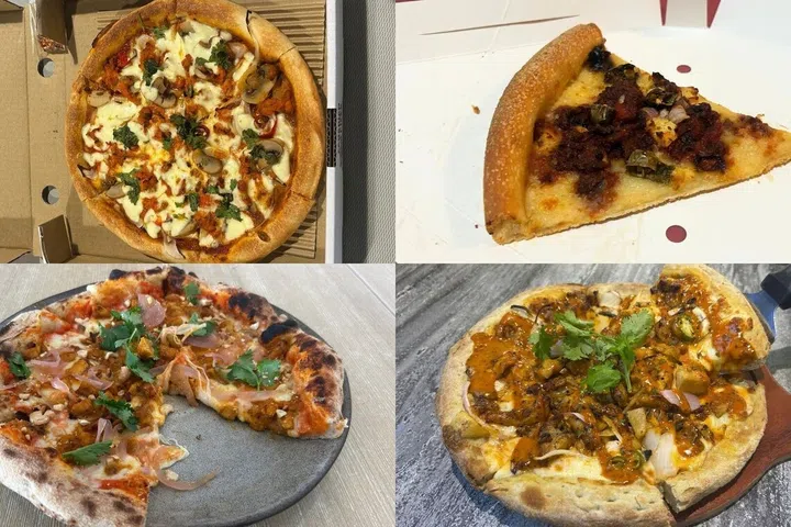 Butter Chicken pizzas from (clockwise from above) Santi’s, Canadian 2 for 1 Pizza, Pezzo, and Pizzamaru.