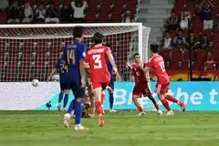 Harhys Stewart (13) scores the first goal for Singapore (red) against Thailand (blue) at the Rajamangla Stadium in Bangkok for the second leg of the semifinals for the ASEAN Hyundai Cup 2026.
