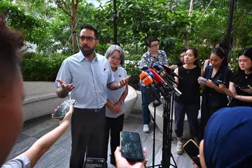 Pritam Singh and Sylvia Lim at the media doorstop on June 28.