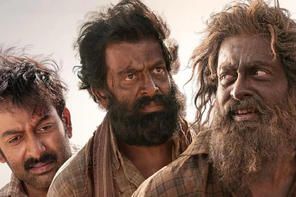 Prithviraj Sukumaran as Najeeb (centre) in the film Aadujeevitham.