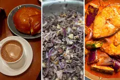 (L-R): Irani chai and bun maska, vawk lu bawl and vegetarian fish curry.