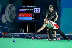 Para-lawn bowler Mawjit Singh rolling a bowl during the 2026 Commonwealth Games in Glasgow, Scotland.