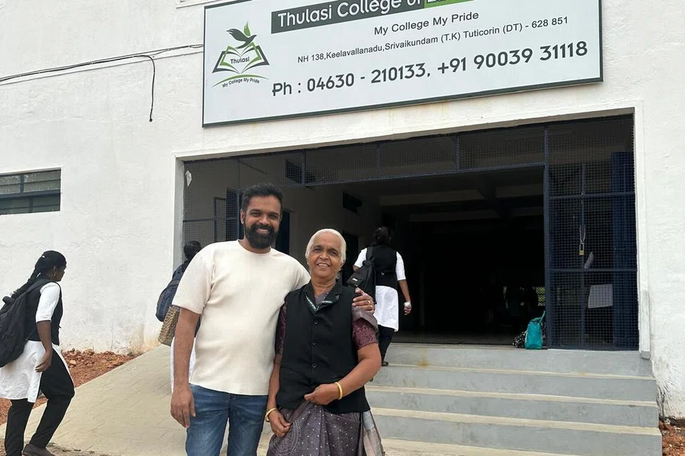 Mrs Thayammal with her son, Mr Suresh, on her first day as a law student at Thulasi College of Law for Women.