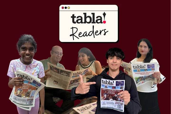 (From left) Avid tabla! readers: Ms Aarabhi Iyer, Mr Nanik Jethmal, Ms Divika Jethmal, Mr Anurag Banerjee, and Dr Preeti Pandit.