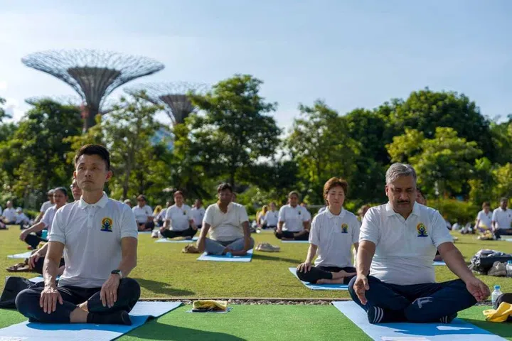 The celebration featured a mass yoga session led by experienced instructors from Vyasa Yoga, who guided participants through a series of asanas and pranayama exercises. 
