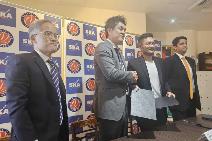 (From left) FC Jurong vice chairman Koh Mui Tee, chairman Daisuke Korenaga, SKASports Investments directors Rohit Ramesh and Sudhir Menon, at the signing of the strategic partnership at Jurong East Stadium on May 16.
