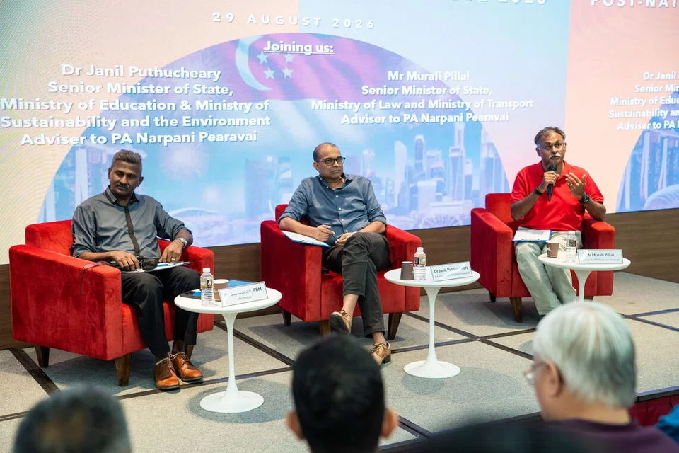(From left) Moderator and Pasir Ris IAEC chairman Saravanan Govindasamy, SMS Janil Puthucheary and SMS Murali Pillai.