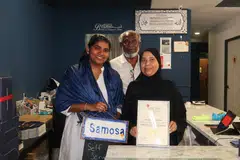 (From left) House of Samosas’ business manager Najeera Roseni, owner Haja Nizamuddeen and founder Noorul Ayn with the SME 500 plaque.