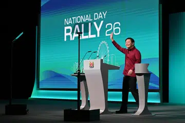Prime Minister Lawrence Wong waving at the start of his National Day Rally (NDR) speech at the Institute of Technical Education (ITE) Headquarters on August 23, 2026.