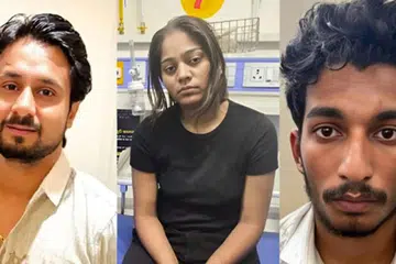 Mr Raja Raghuvanshi (far left), Sonam and her alleged lover Raj Kushwaha.