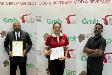 (From far left) RAS Excellent Service Awardees: Mr Puganeswaran Ganeson, Ms Wickrama Arachchige Anusha, and Mr Vadivel Selvakumar.