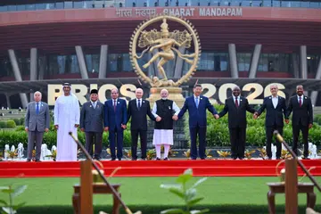 Members of the 11-nation BRICS group including China, Russia, Iran and India called for calm in the Middle East at a summit in New Delhi on Saturday, overcoming earlier divisions to issue a joint statement.