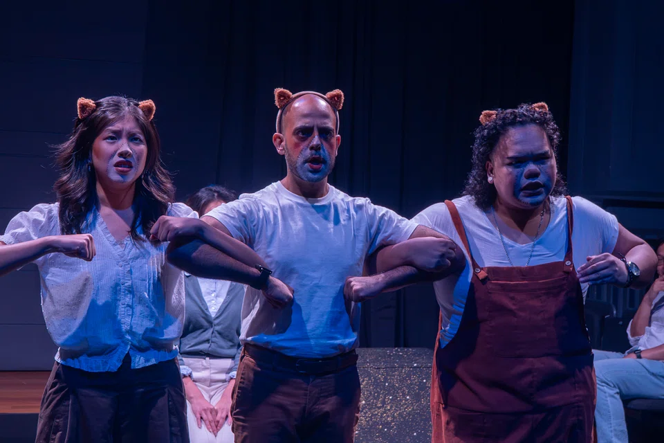 Three bears, played by Ms Charlotte Lim Kai Ler, Mr Hamza Qaiser, and Mr Diego Alfonso, represent Elaine’s conscience and inner self.