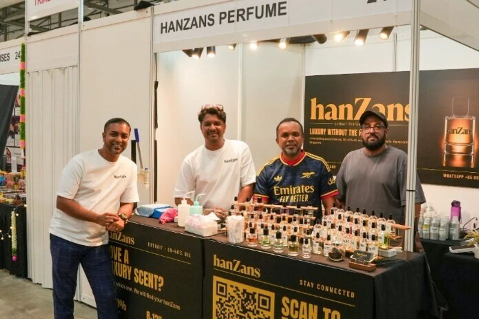 Hanzans Perfume set up shop at the exhibition, featuring more than 100 scents for customers to pick and choose from. Shoppers also have the choice to create their own scent. (From left to right): Mr Muhammad Ansari, 43, Mr Muhammad Farhan, 37, Mr Muhammad Shafie, 42, Mr Mohamed Sharfrudeen, 44