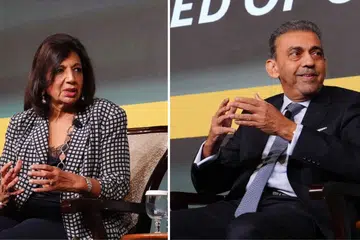 Kiran Mazumdar-Shaw and V Shankar speaking at Forbes Global CEO Conference 2026.