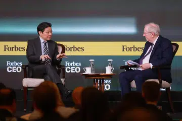 Prime Minister Lawrence Wong and Forbes Media Chairman and Editor-in-Chief Steve Forbes speaking at the Forbes Global CEO Conference at the Shangri-La Singapore on Oct 8, 2026.