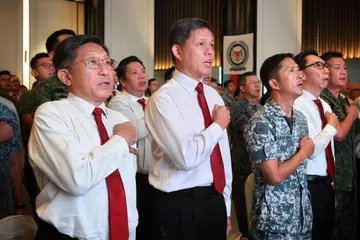 (From left) SCCCI president Kho Choon Keng, Defence Minister Chan Chun Sing, Chief of Defence Force Vice-Admiral Aaron Beng, SCCCI vice-president Ng Siew Quan and BG (NS) Kenneth Liow, director of National Service Affairs, at the SAF Day Combined Rededication Ceremony on July 1.