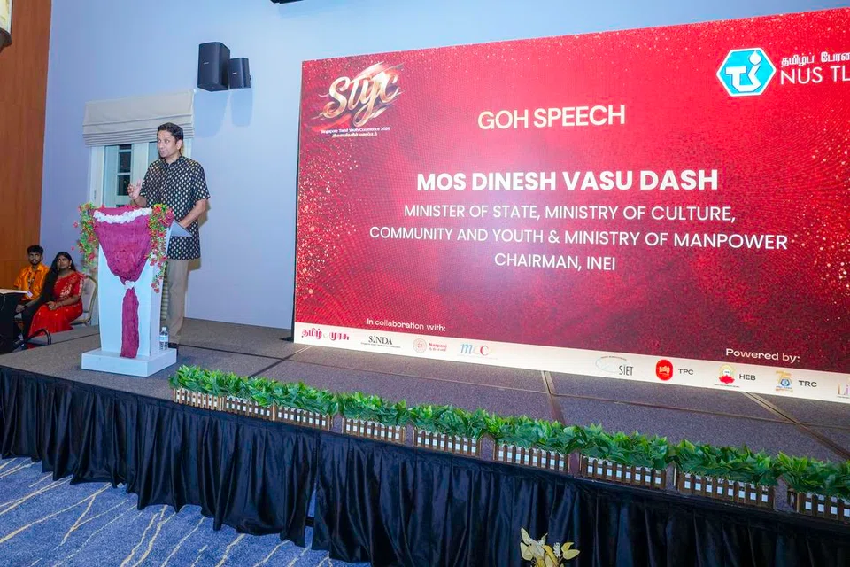 Minister of State for Culture, Community and Youth, and Manpower Mr Dinesh Vasu Dash delivering his address at the Singapore Tamil Youth Conference 2026.