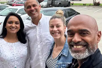 (From far left) Malayalam actress Lena, wife of Air Commodore Prashanth Balakrishnan Nair; Dr Anil Menon; Ms Anna Menon and Air Commodore Prashanth during a get-together in the United States.