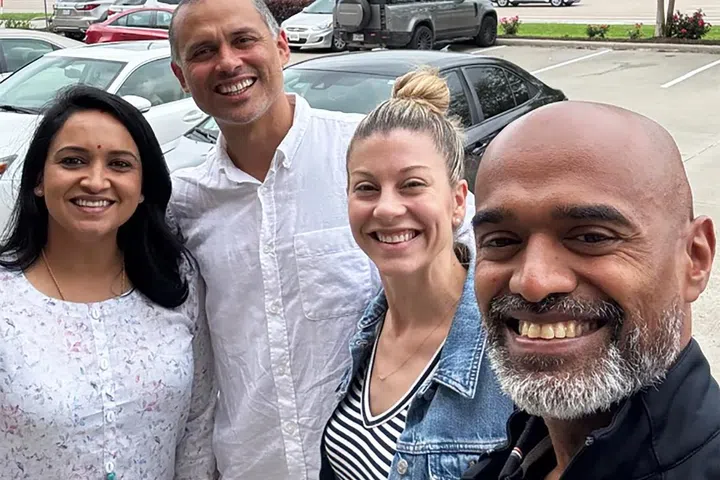 (From far left) Malayalam actress Lena, wife of Air Commodore Prashanth Balakrishnan Nair; Dr Anil Menon; Ms Anna Menon and Air Commodore Prashanth during a get-together in the United States.