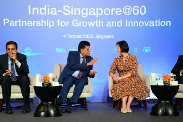India’s Commerce and Industry Minister Piyush Goyal (second from left) speaking to Minister of State for Foreign Affairs and Trade and Industry Gan Siow Huang at the India-Singapore @60: Partnership for Growth & Engagement conclave at the Shangri-La Hotel on Oct 4, 2025.