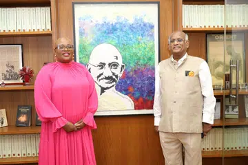 South Africa’s High Commissioner Madiepetsane Charlotte Lobe and SIFAS president K.V. Rao at the Gandhi Jayanthi celebrations.