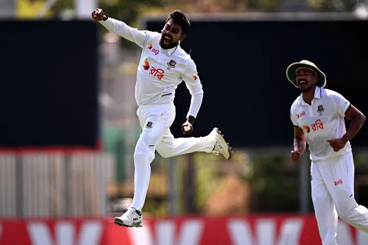 Bangladesh bowler Mehidy Hasan Miraz celebrates dismissing Australia's batsman Beau Webster on the fourth day of the first cricket Test match between Australia and Bangladesh at Marrara Stadium in Darwin on August 16, 2026.