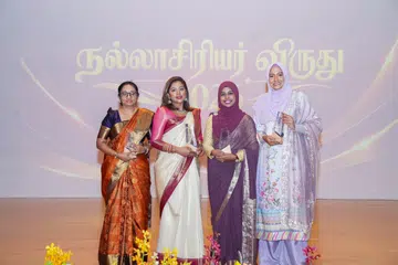 This year’s Most Inspiring Tamil Teachers’ Award recipients (from left) are Ms Kalaivani Ilango of Anderson Serangoon Junior College, Mdm A. Sumathi of Fuhua Primary School, Ms Nashima Banu of Casuarina Primary School, and Mdm Raihanah Beevi of Crest Secondary School.