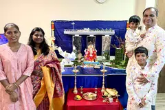 (From far left) The family’s helper Pavadeep Kaur, Anuradha Patil (in saree), her husband Raju Patil and their sons, Aagam and Aarav.