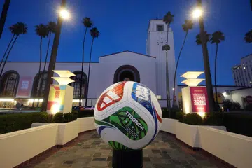 A general overall view of large Adidas FIFA World Cup 2026 soccer ball at Los Angeles Union Station on Jun 10, 2026 at Santa Monica, California, USA.