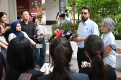 Pritam Singh and Sylvia Lim at a media doorstop.