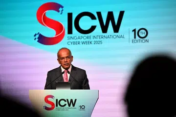 Coordinating Minister for National Security of Singapore K. Shanmugam delivering his opening address at the Singapore International Cyber Week 2025.