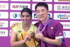 Tanvi Sharma with coach Park Tae-sang after her Taipei Open win.