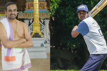 Sathiyamoorthy Venkatesan in priestly dress at the Sri Srinivasa Perumal Temple; (right) playing in the Inter-Temple Cricket Tournament organised by the Hindu Endowments Board. 