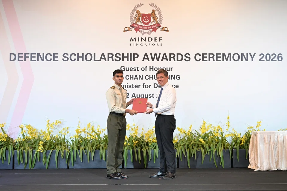LTA Aryan Vinayak Gupta was awarded the SAF Merit Scholarship by Minister for Defence Chan Chun Sing at the Defence Scholarship Awards Ceremony on Aug 12, 2026.