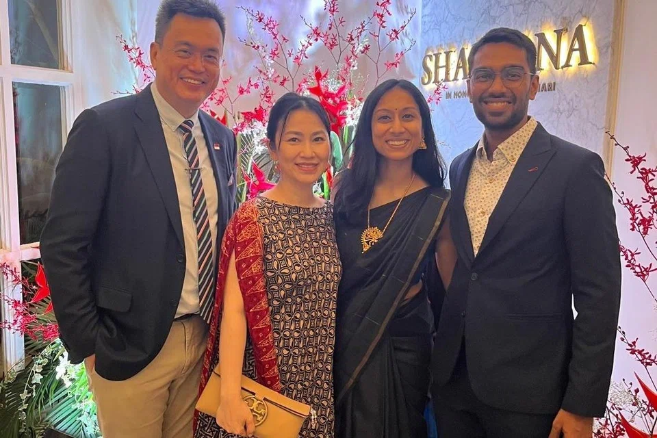 Consul General Edgar Pang, Consul Vaishnavi Vasudevan and their spouses at the launch of the Hindu Tamil Thisai’s SINGA 60 Event, 1 August 2025, Madras Club.