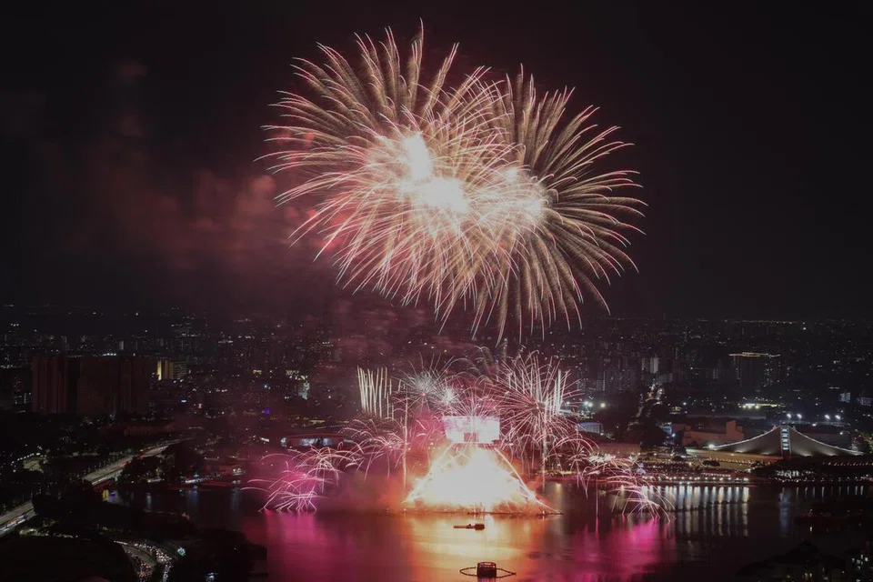 The crowd-favourite outdoor fireworks segment that closed NDP 2026, taken from a view point in Suntec City.
