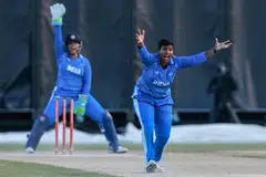 India's Deepti Sharma appeals for a wicket during the women's cricket final  with Sri Lanka.