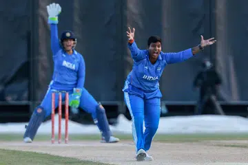 India's Deepti Sharma appeals for a wicket during the women's cricket final  with Sri Lanka.