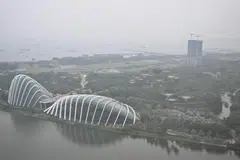 The Singapore skyline shrouded in the haze seen from the Marina Bay Street Circuit at 5pm on Oct 10, 2026. 