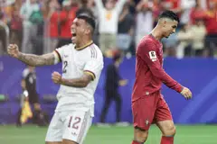 Cristiano Ronaldo (right) reacts after Portugal lost their round of 16 match to Spain at the Dallas Stadium on July 6.