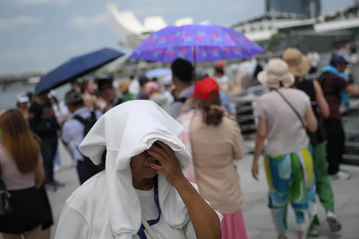 A lady grimaces while using a jacket to shield herself from the sun during a hot day at the Merlion Park on March 26, 2026.