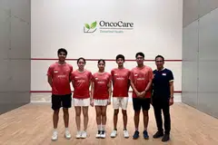 (From left): Acting head coach Gurshan Singh, players Naisha Singh, Kareena Sashikumar, Rehaan Singh, Jackrish Sashikumar and Singapore Squash general manager Alex Wan.