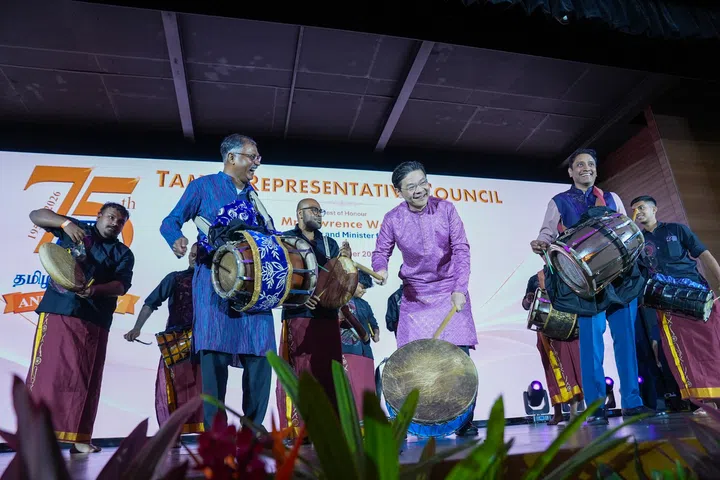 Prime Minister Lawrence Wong took to the stage with Senior Minister of State for Transport and Law Murali Pillai and Minister of State for Culture, Community, Youth and Manpower Dinesh Vasu Dash, to play traditional Indian drums.