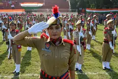 Police personnel take part in the full dress rehearsal for India's Independence Day celebrations, in Amritsar on August 13, 2026.
