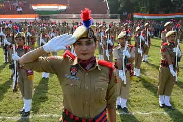 Police personnel take part in the full dress rehearsal for India's Independence Day celebrations, in Amritsar on August 13, 2026.