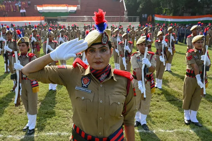 Police personnel take part in the full dress rehearsal for India's Independence Day celebrations, in Amritsar on August 13, 2026.